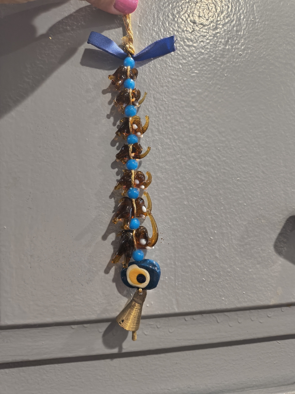 Glass Blue Evil Eye with Amber Color Lucky Elephant Amulet Hanging Decor